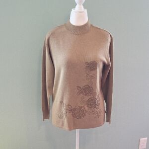 Autumn Creations Women's Large Tan Mock Turtleneck Embroidered Wool Sweater
